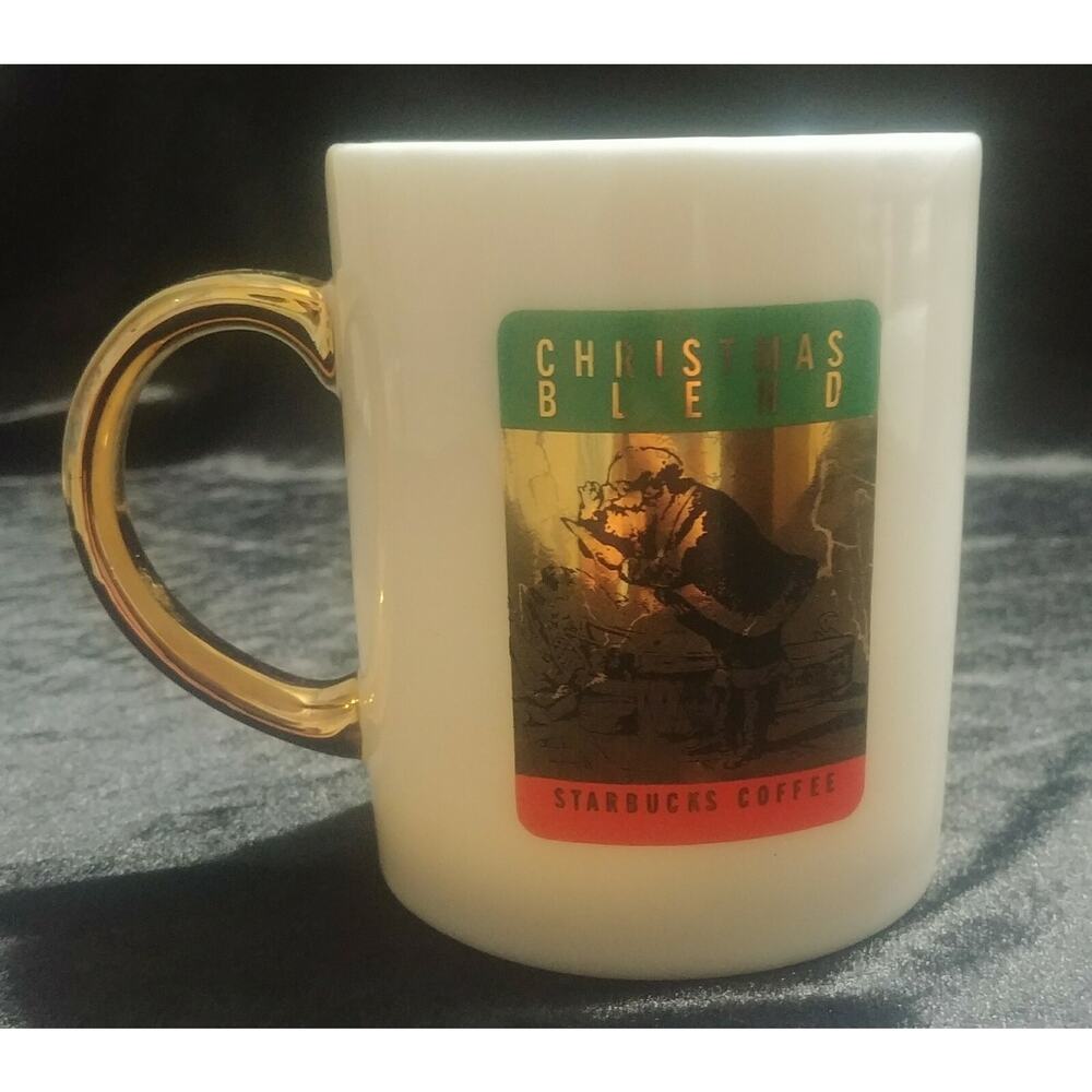 Rare Starbucks Coffee Mug Christmas Blend Santa Cup Green Gold White Holiday